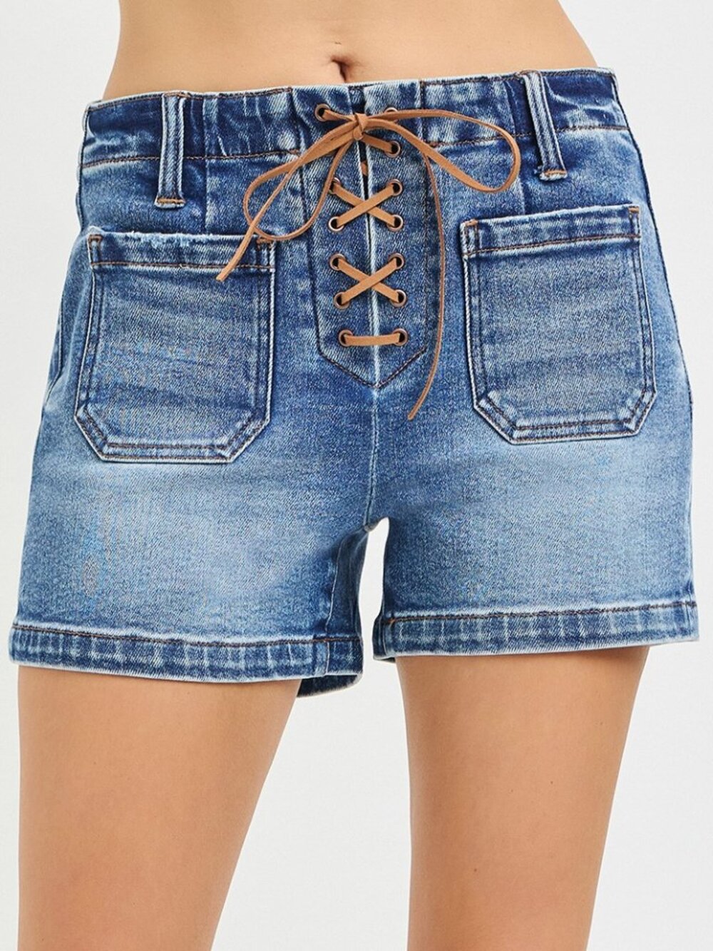 RISEN High Rise Front Tie Up Shorts with Patch Pockets